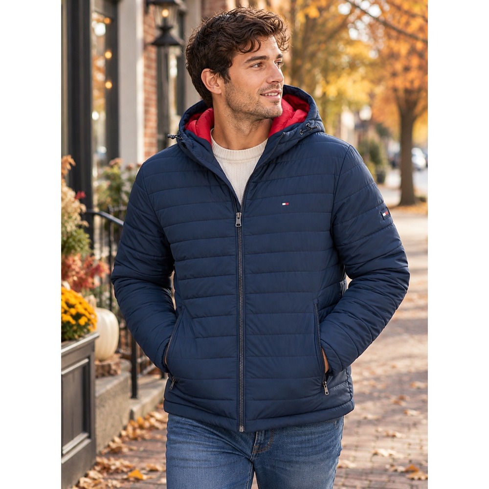 Tommy Hilfiger TH Flex Men's M Navy Puffer Jacket Hooded Lightweight Quilted